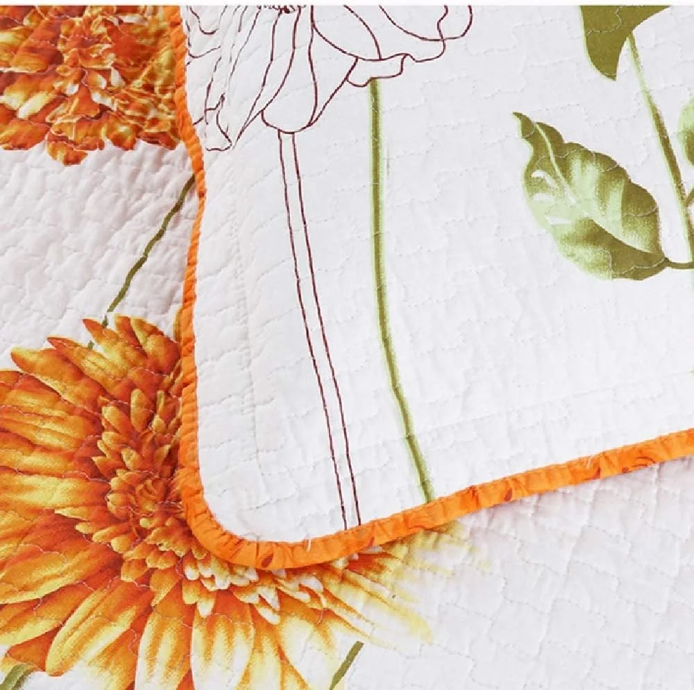 روتختی طرح دار + 2 عدد رو بالشتی پنبه ای سفید طرح گل آفتابگردان مناسب تخت دونفره، روتختی نرم و سبک وزن دو رو برای تزئین تخت خواب