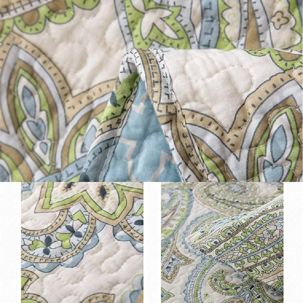 روتختی چهار فصل پنبه‌ای تکه‌دوزی شده سبز، لحاف چاپی دو رو، لحاف روتختی راحت و آسان به همراه دو روبالشتی