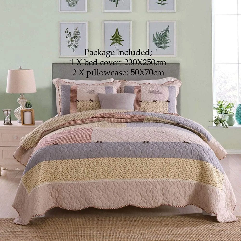 روتختی دو نفره طرح تکه دوزی، ست ۳ تکه سایز سوپر کینگ شامل ۱ رو تختی و ۲ روبالشتی، سبک وزن، طرح تکه دوزی-A-230cmX250cm, طرح تکه دوزی-A