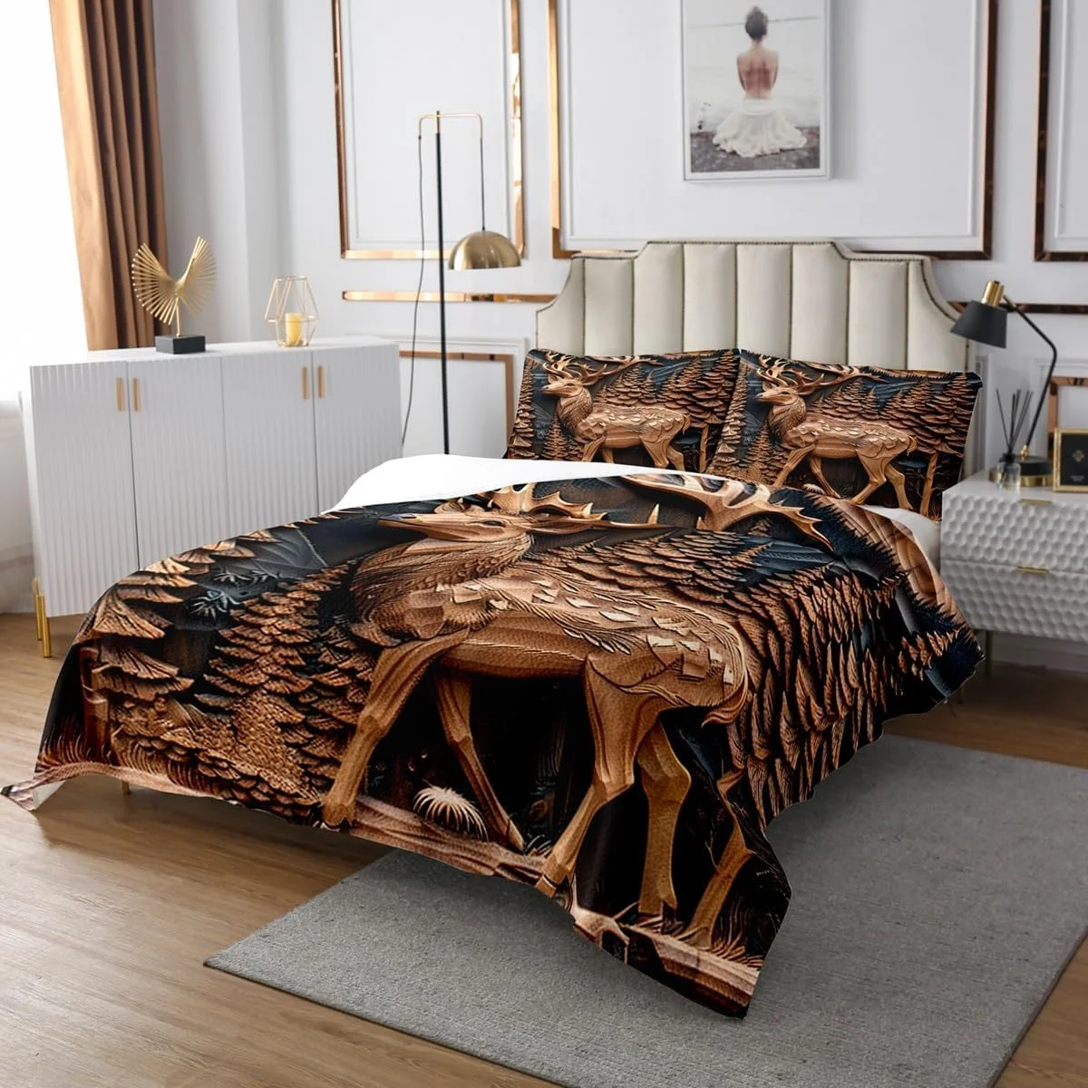 روتختی طرح گوزن وحشی سایز کینگ، ست لحاف طرح سه بعدی حیوانات وحشی و درختان کاج با 2 روبالشتی، طرح کلبه شکار چوبی خانه روستایی، ست رو تختی میکروفایبر قابل تنفس برای کودکان و بزرگسالان