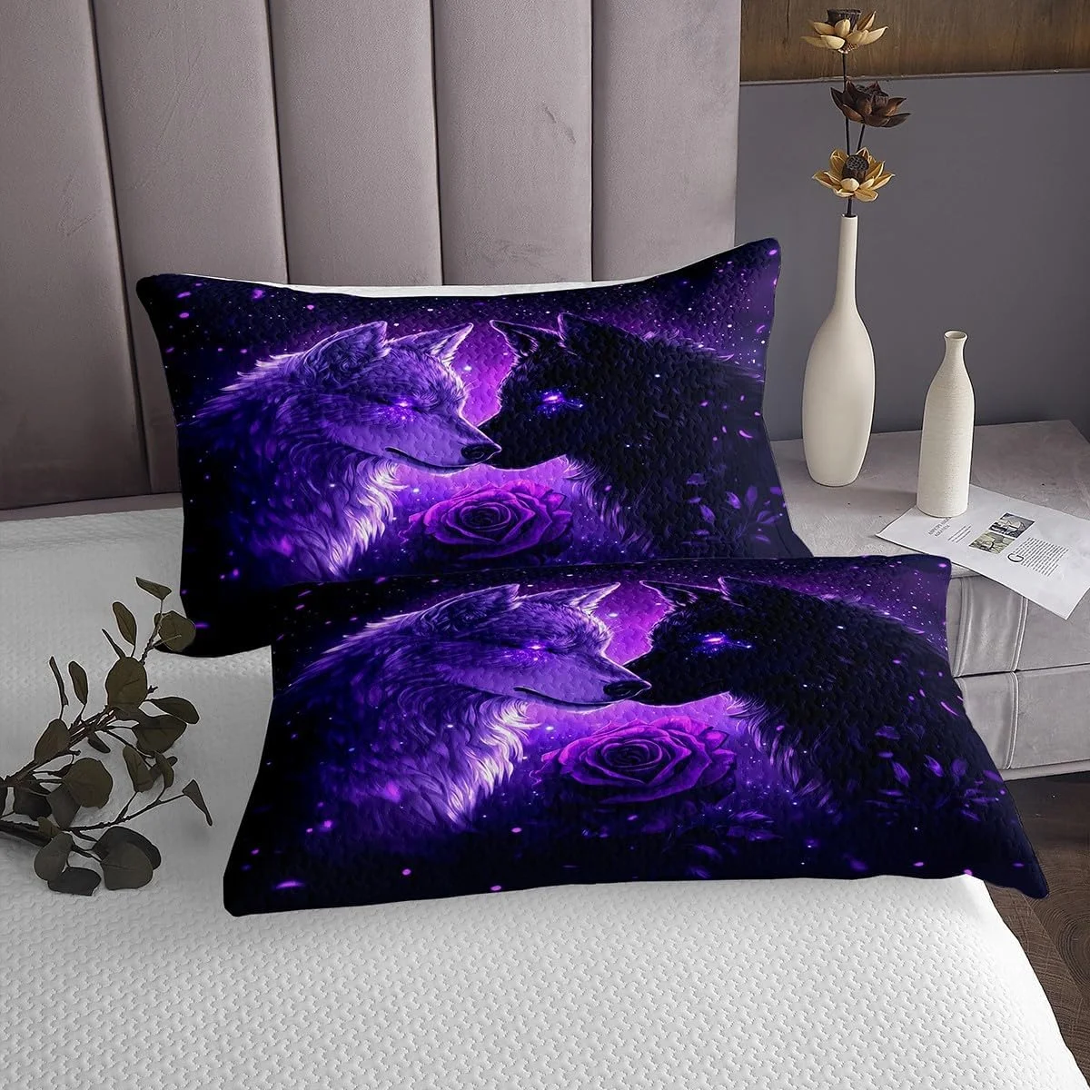 روتختی سایز کینگ طرح گرگ وحشی، ست لحاف طرح زوج گرگ با دو روبالشتی، طرح گل رز رمانتیک بنفش کهکشانی، ست رو تختی میکروفایبر مناسب کودکان و بزرگسالان، تنفس پذیر