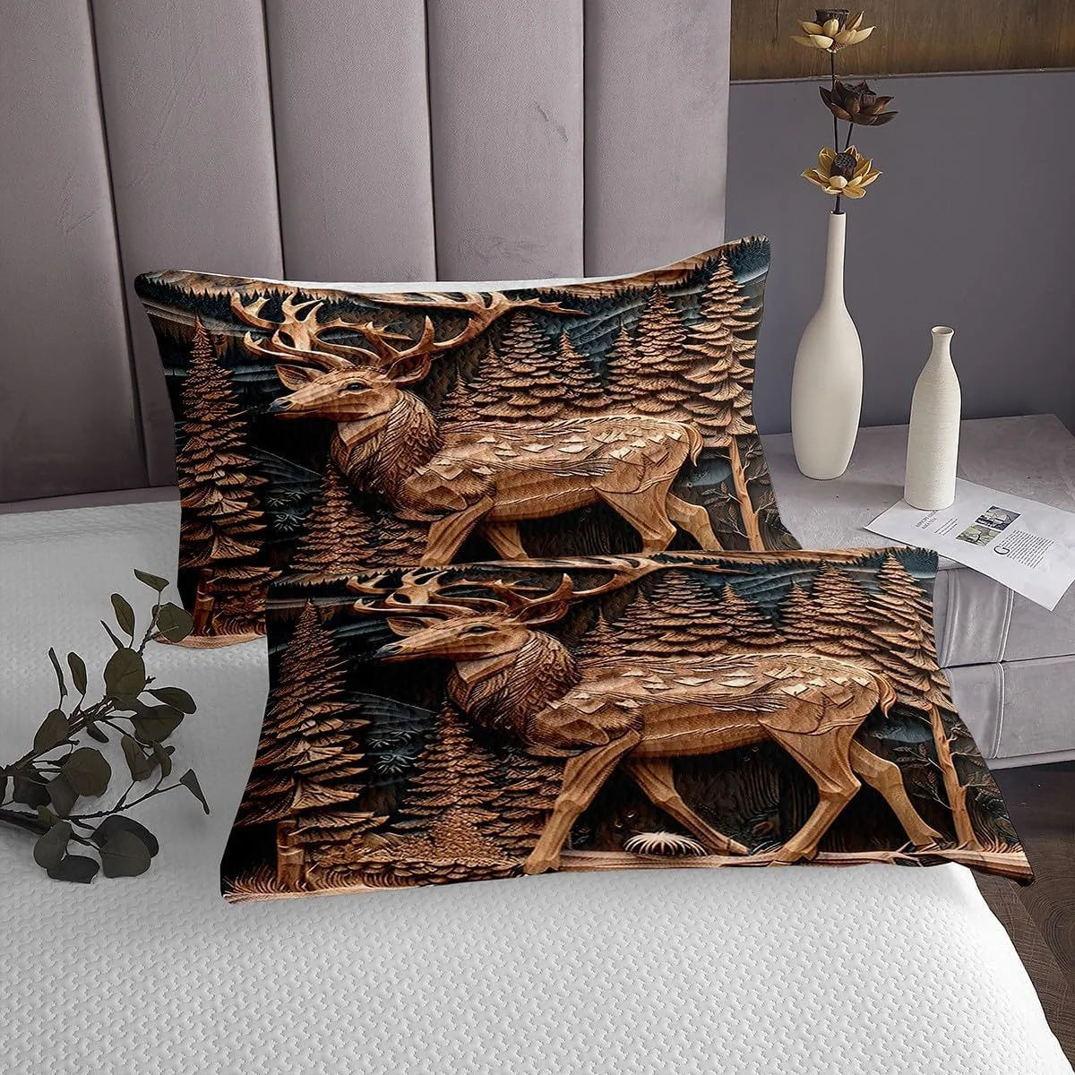 روتختی طرح گوزن وحشی سایز کینگ، ست لحاف طرح سه بعدی حیوانات وحشی و درختان کاج با 2 روبالشتی، طرح کلبه شکار چوبی خانه روستایی، ست رو تختی میکروفایبر قابل تنفس برای کودکان و بزرگسالان