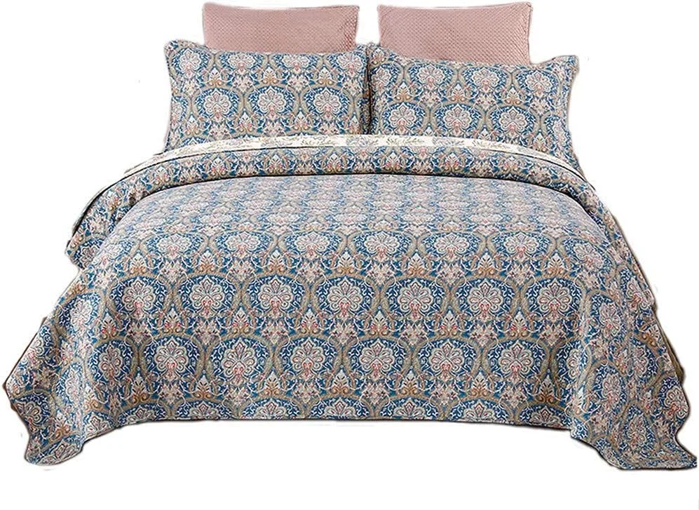 ست روتختی سه تکه طرح گلدار، لحاف طرح دار، روتختی طرح گل های رنگارنگ روشن و شاداب، سایز 230×250 سانتی متر، زرد (آبی) (آبی)