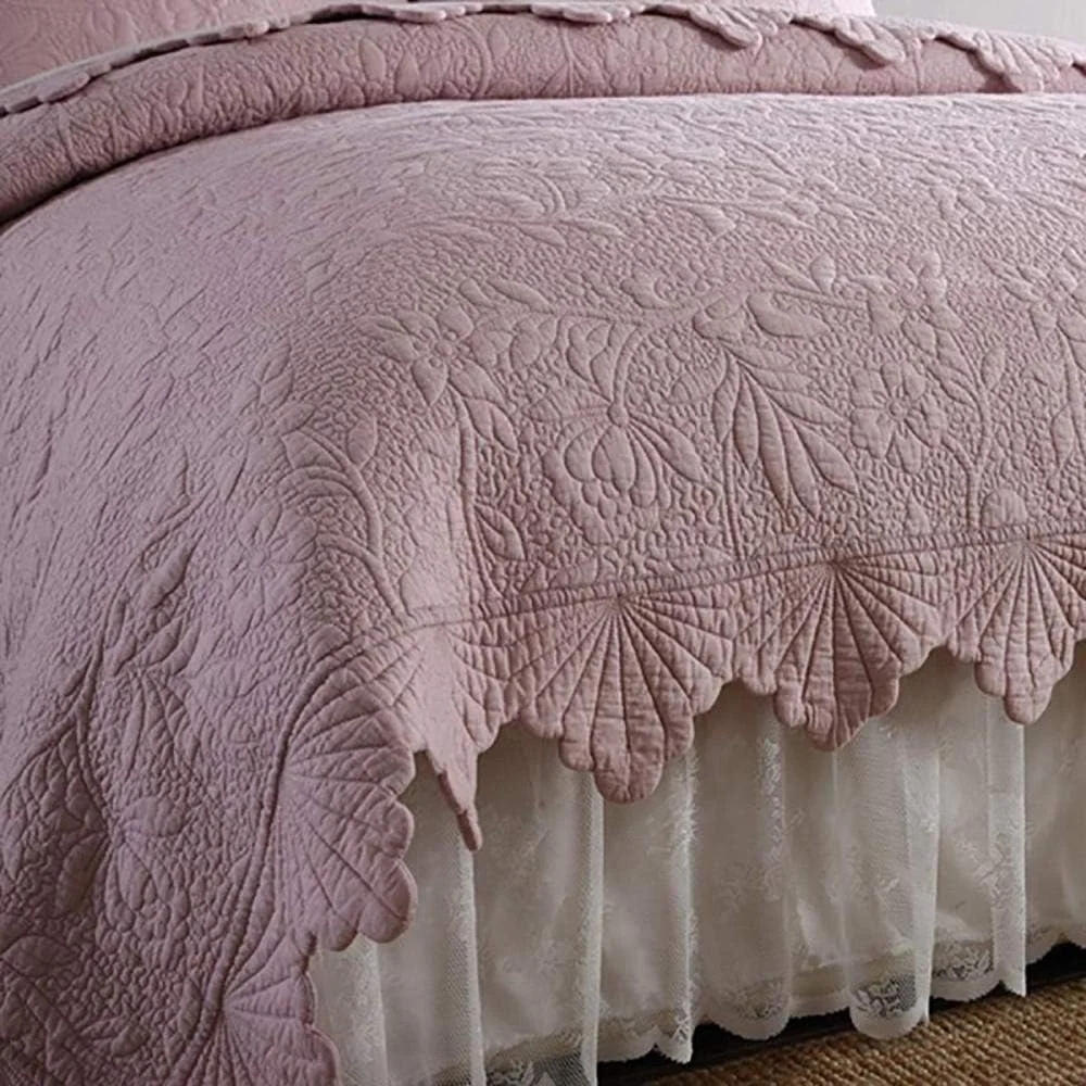 روتختی و 2 روبالشتی طرح دار، روکش لحافی پنبه ای گلدوزی شده قابل شستشو، رنگ یکدست، صورتی - 240x260 سانتی متر