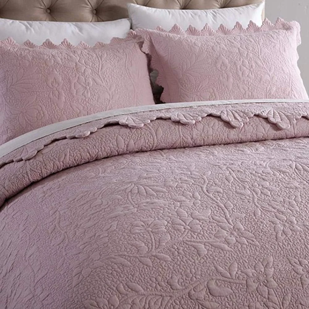 روتختی و 2 روبالشتی طرح دار، روکش لحافی پنبه ای گلدوزی شده قابل شستشو، رنگ یکدست، صورتی - 240x260 سانتی متر