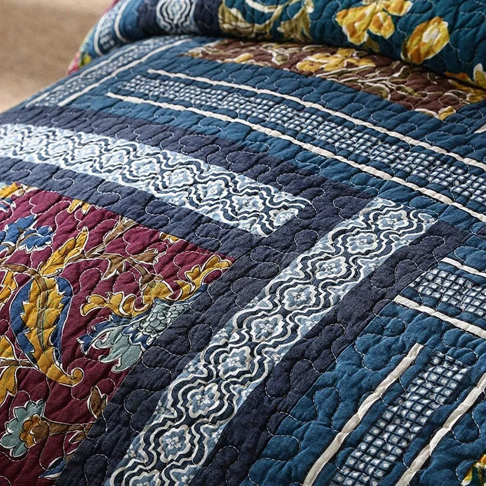 ست روتختی طرح چهارخانه قدیمی پنبه ای سه تکه مناسب فصل تابستان، لحاف، روکش تخت و روبالشتی سایز کوئین و کینگ، آبی