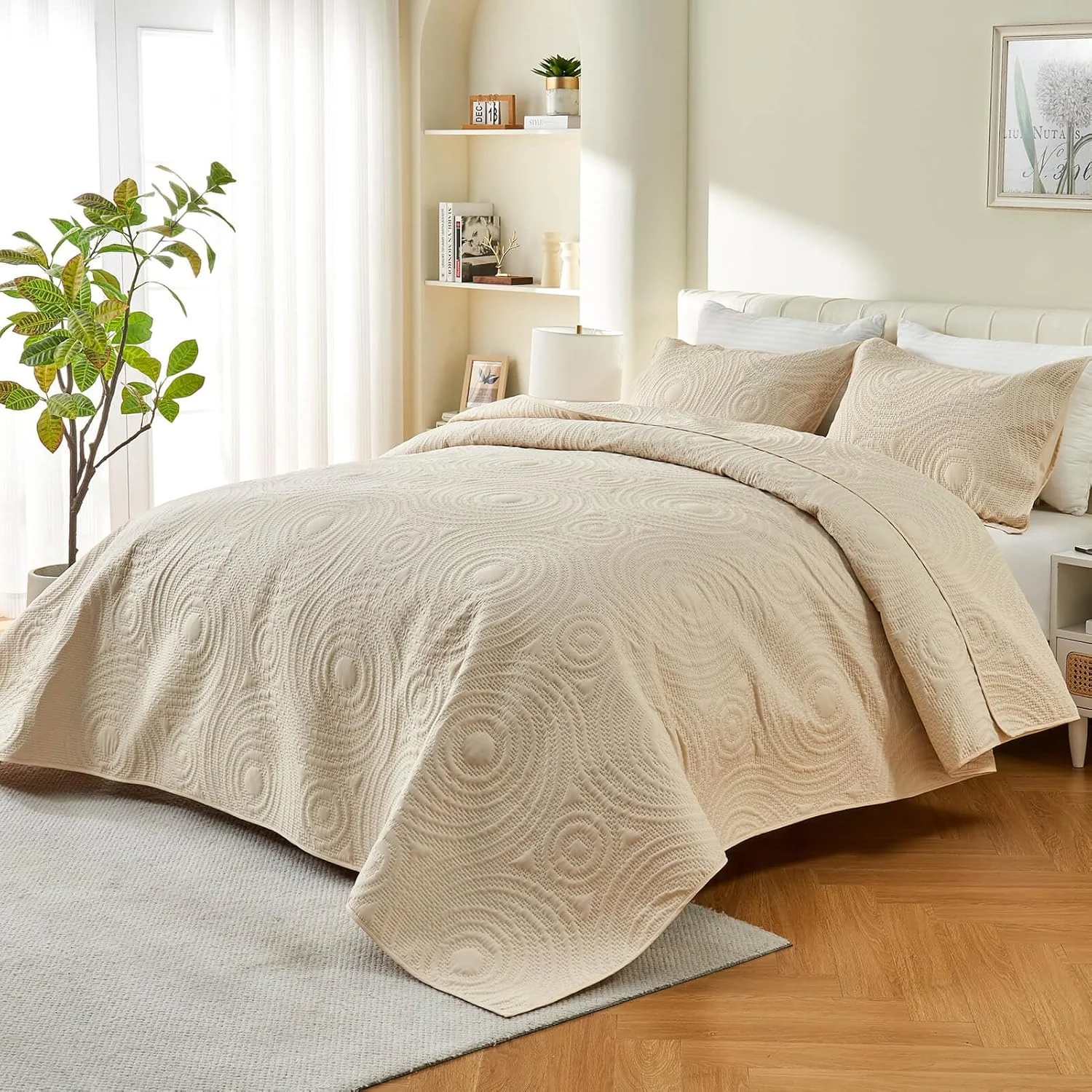 روتختی بزرگ سایز کینگ 325x305 مناسب تخت های قابل تنظیم یا تخت های کالیفرنیا کینگ/کینگ بزرگ، لحاف سبک وزن و دو رو، شامل 1 لحاف و 2 روبالشتی - کرم