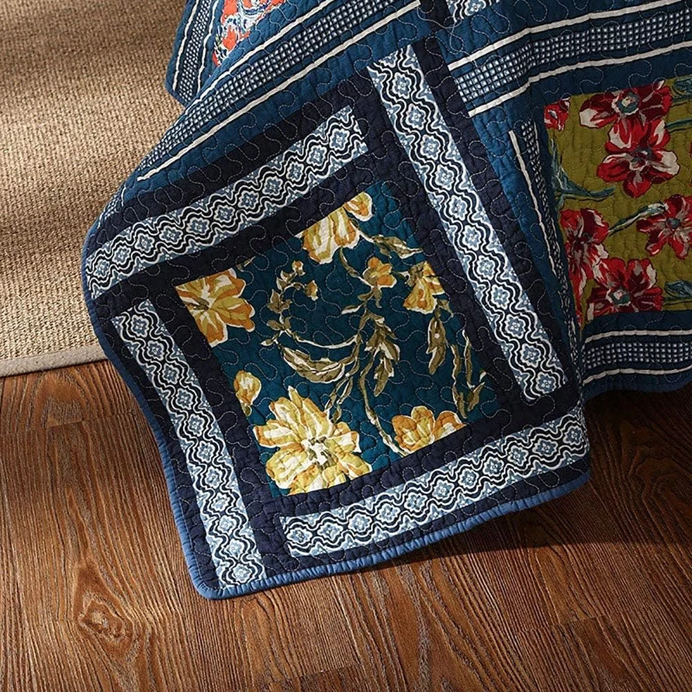 ست روتختی طرح چهارخانه قدیمی پنبه ای سه تکه مناسب فصل تابستان، لحاف، روکش تخت و روبالشتی سایز کوئین و کینگ، آبی