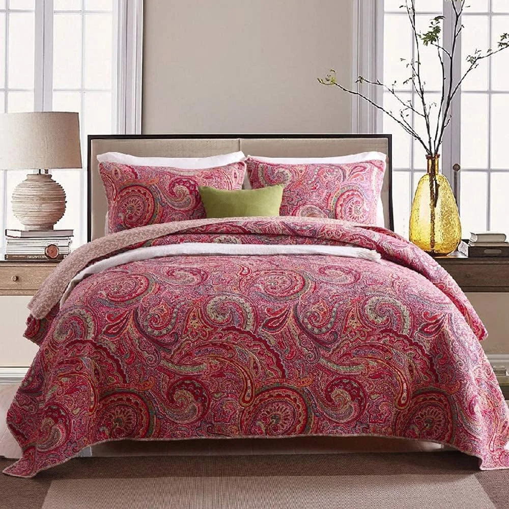 روتختی دو نفره و سایز کینگ، روتختی لحافی، رو تختی پنبه ای، رو انداز تخت با روبالشتی، ست های تزئینی روتختی، گلدار - 230X250، قرمز - سایز کینگ 230X250 سانتی متر