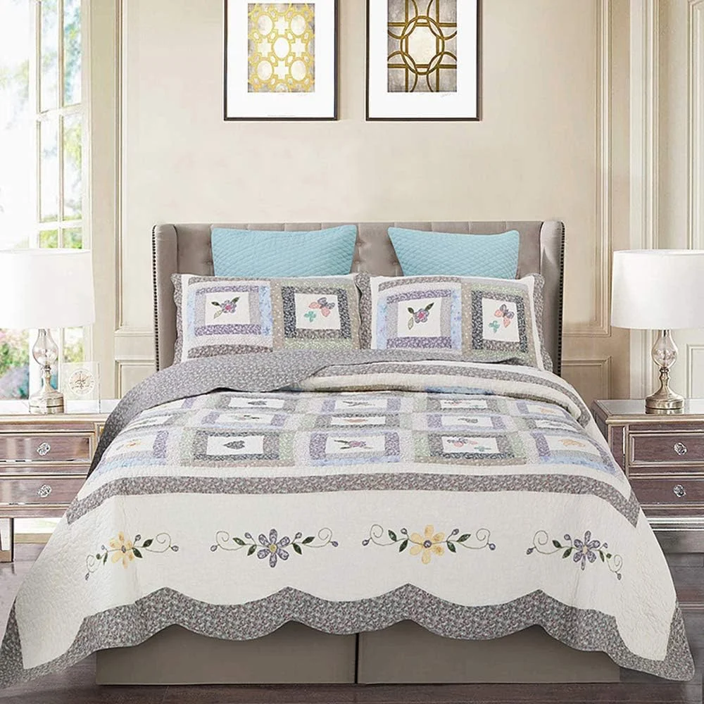 روتختی و روبالشتی کینگ سایز تمکین طرح تکه دوزی، روتختی لحاف دار، رو تختی پنبه ای 3 تکه، طرح تکه دوزی 1-230cmx230cm