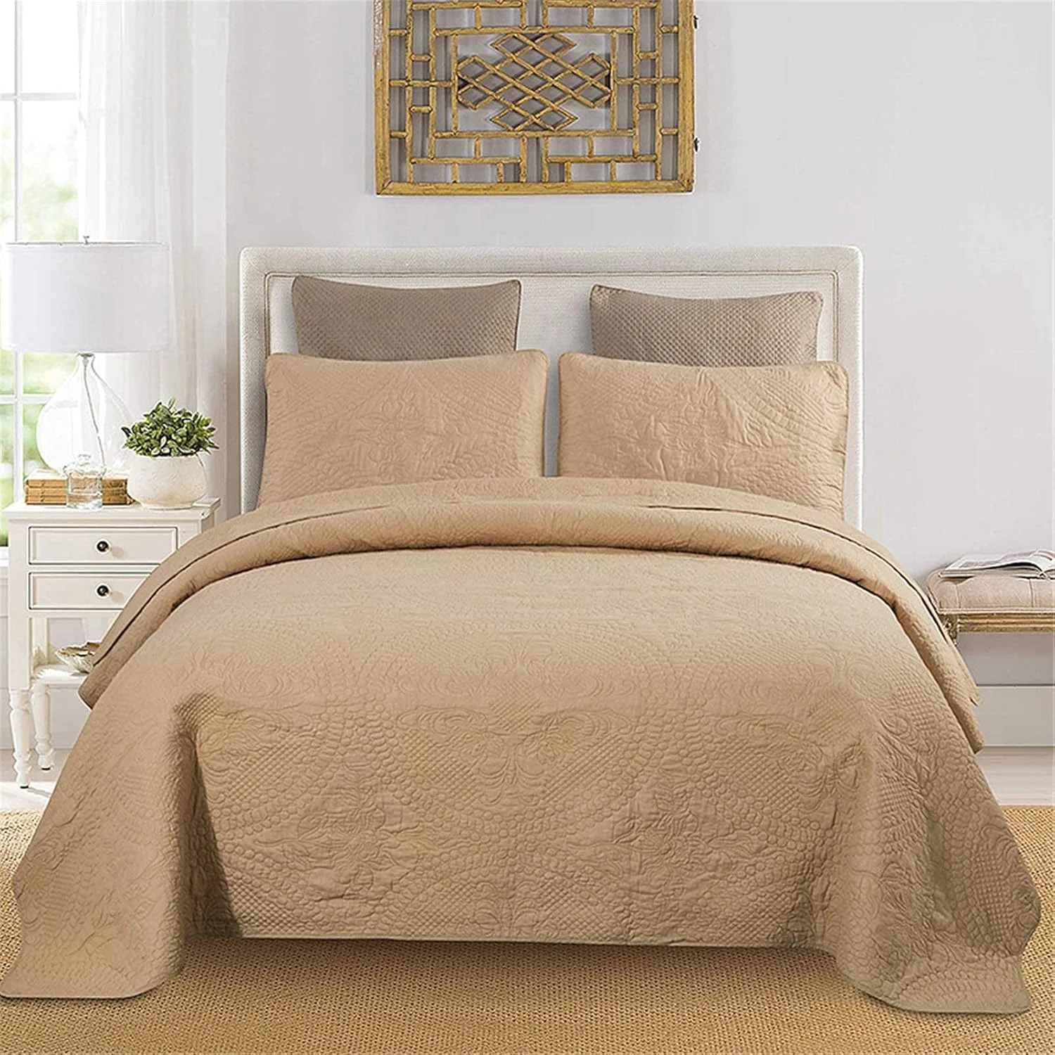 روتختی های لحافی خاکی، روتختی، ست روتختی لحافی طرح گلدوزی تکه دوزی پنبه ای 3 تکه با 2 روبالشی، قهوه ای - 250 * 270 سانتی متر