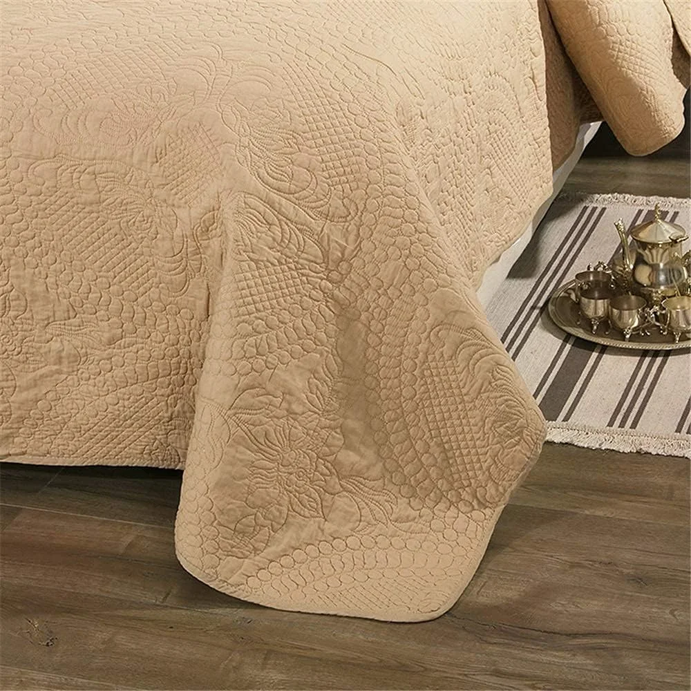 روتختی های لحافی خاکی، روتختی، ست روتختی لحافی طرح گلدوزی تکه دوزی پنبه ای 3 تکه با 2 روبالشی، قهوه ای - 250 * 270 سانتی متر