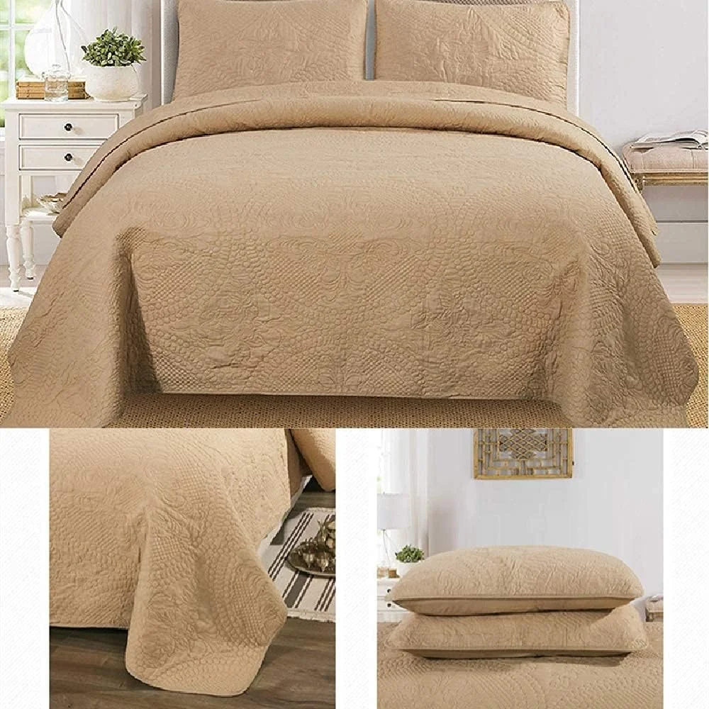 روتختی های لحافی خاکی، روتختی، ست روتختی لحافی طرح گلدوزی تکه دوزی پنبه ای 3 تکه با 2 روبالشی، قهوه ای - 250 * 270 سانتی متر