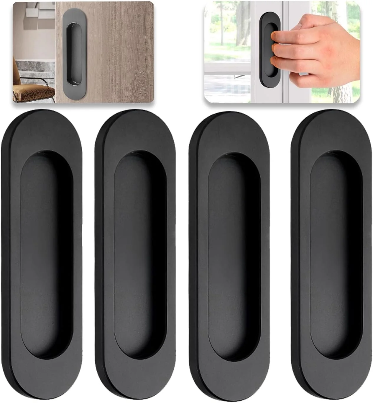 ست چهارتایی دستگیره درب کشویی چسبی، دستگیره خروجی آسان بیضی مشکی مات 10 سانتی متری برای آشپزخانه، کمد، درب های انبار (استیل ضد زنگ)