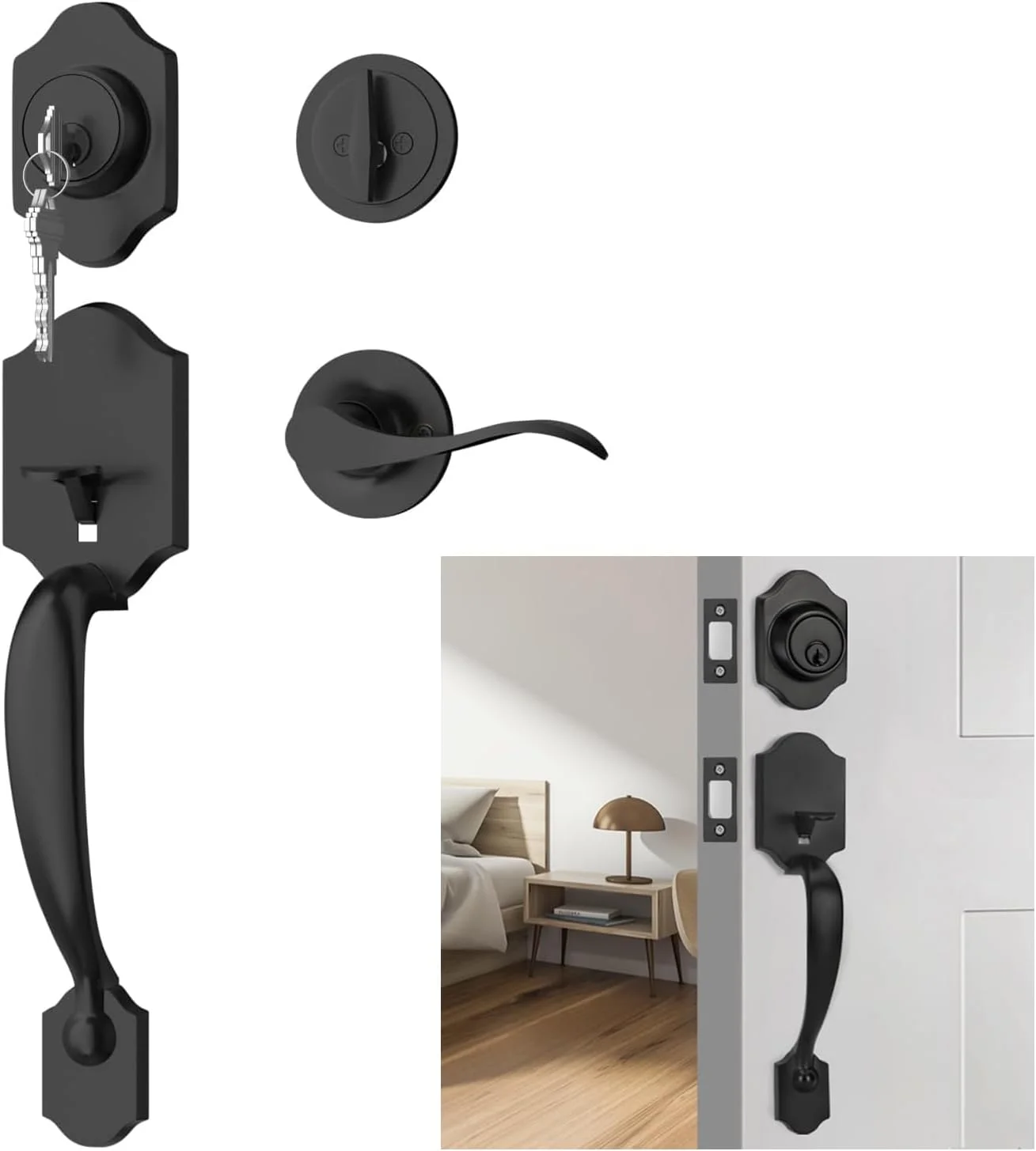 دستگیره درب ورودی و قفل، قفل درب بیرونی تک سیلندر، قابل برگشت برای دست چپ/راست (مشکی مات)