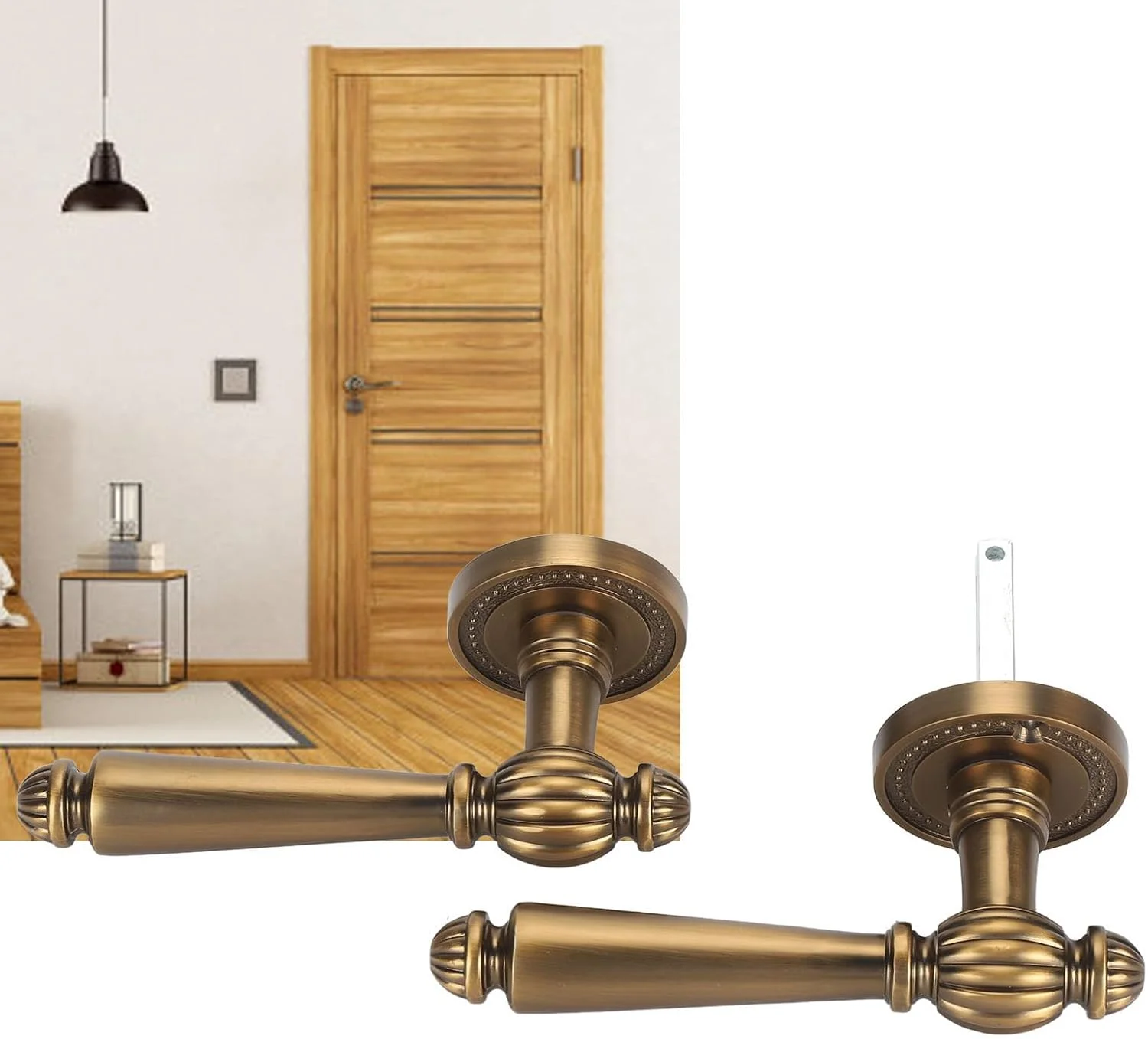 دستگیره درب برنزی آرام، مسی، پرداخت عتیقه، ایمنی و شامل کیت نصب، قفل ورودی با دو کلید، برگشت پذیر برای سمت راست و چپ