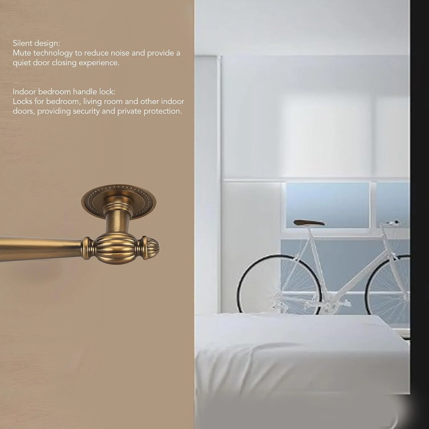 دستگیره درب برنزی آرام، مسی، پرداخت عتیقه، ایمنی و شامل کیت نصب، قفل ورودی با دو کلید، برگشت پذیر برای سمت راست و چپ