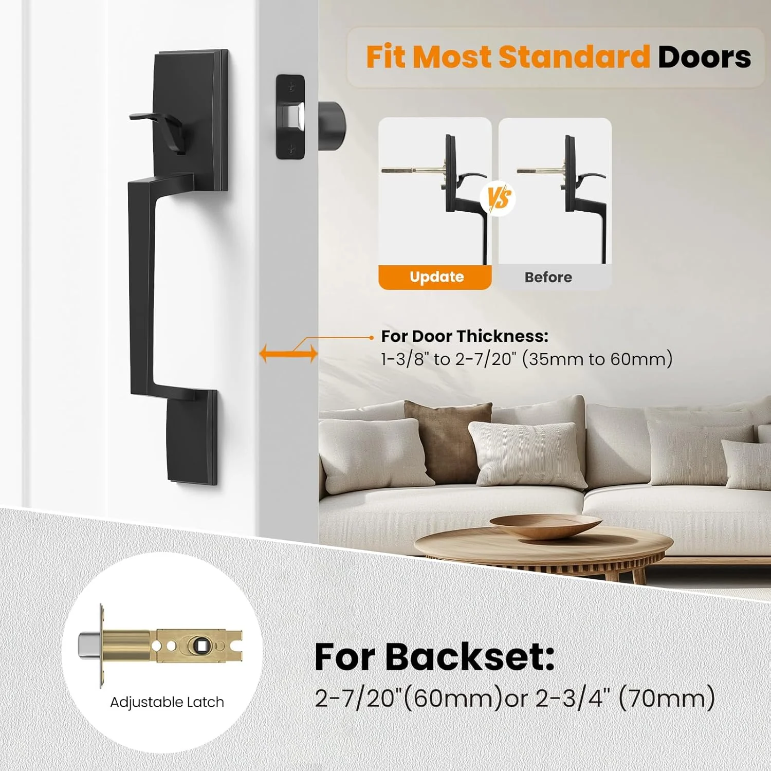 دستگیره درب ورودی HOSOM به همراه دستگیره گرد، مناسب برای درب های راست بازشو و چپ بازشو، رنگ مشکی مات