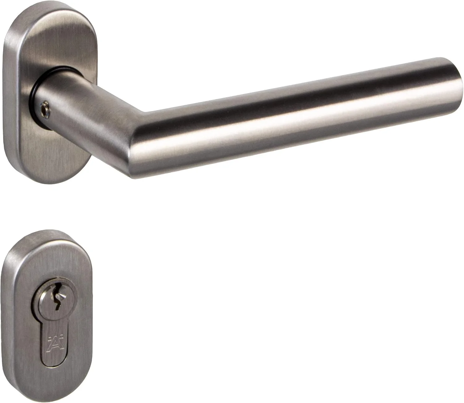 دستگیره درب اتاق گدتک مدل مونیخ، دستگیره استیل ضد زنگ، ست دستگیره اهرمی L شکل روی رزت بیضی، مناسب سیلندر پروفیل بیضی PZ، شامل لوازم نصب