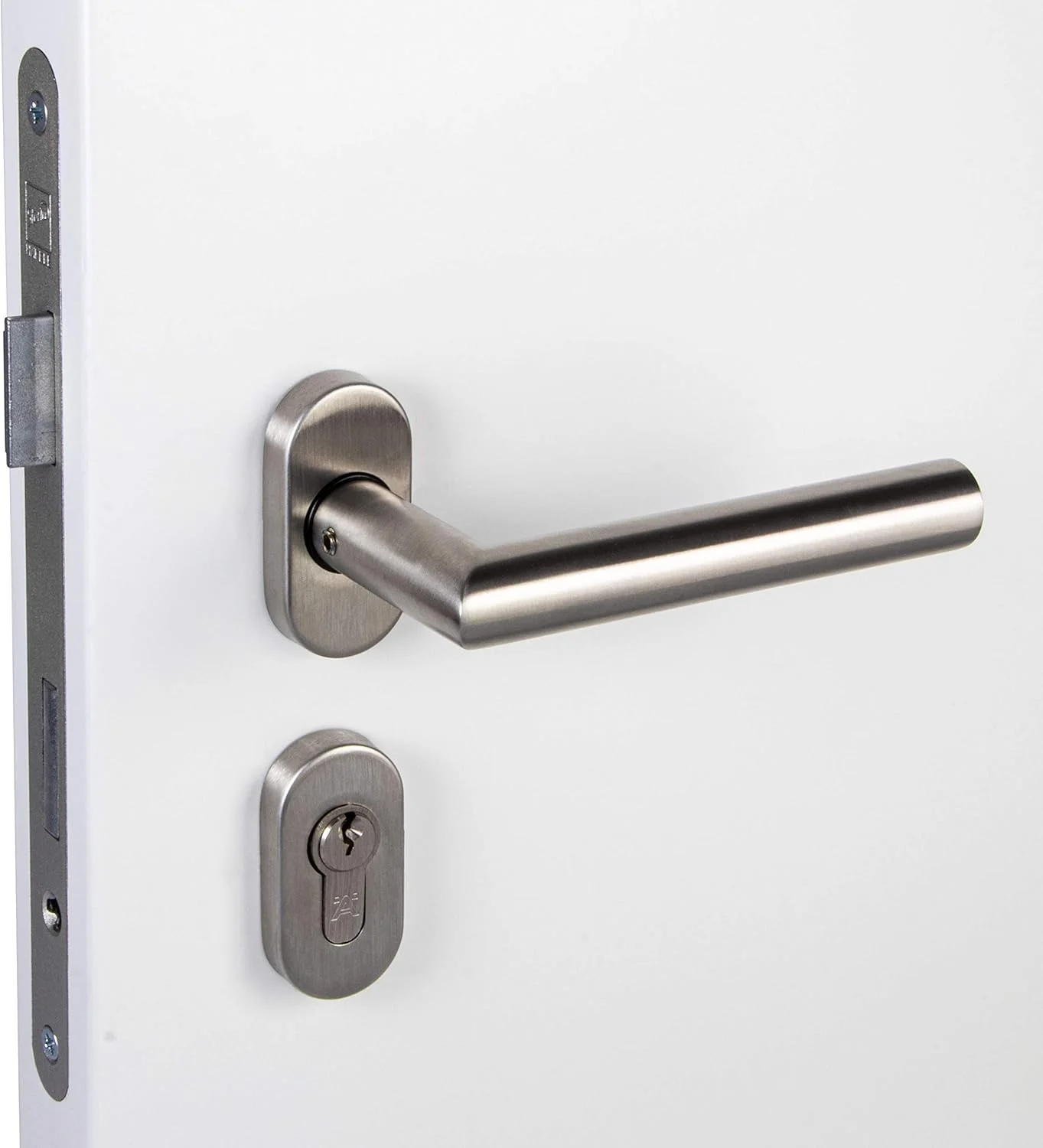 دستگیره درب اتاق گدتک مدل مونیخ، دستگیره استیل ضد زنگ، ست دستگیره اهرمی L شکل روی رزت بیضی، مناسب سیلندر پروفیل بیضی PZ، شامل لوازم نصب