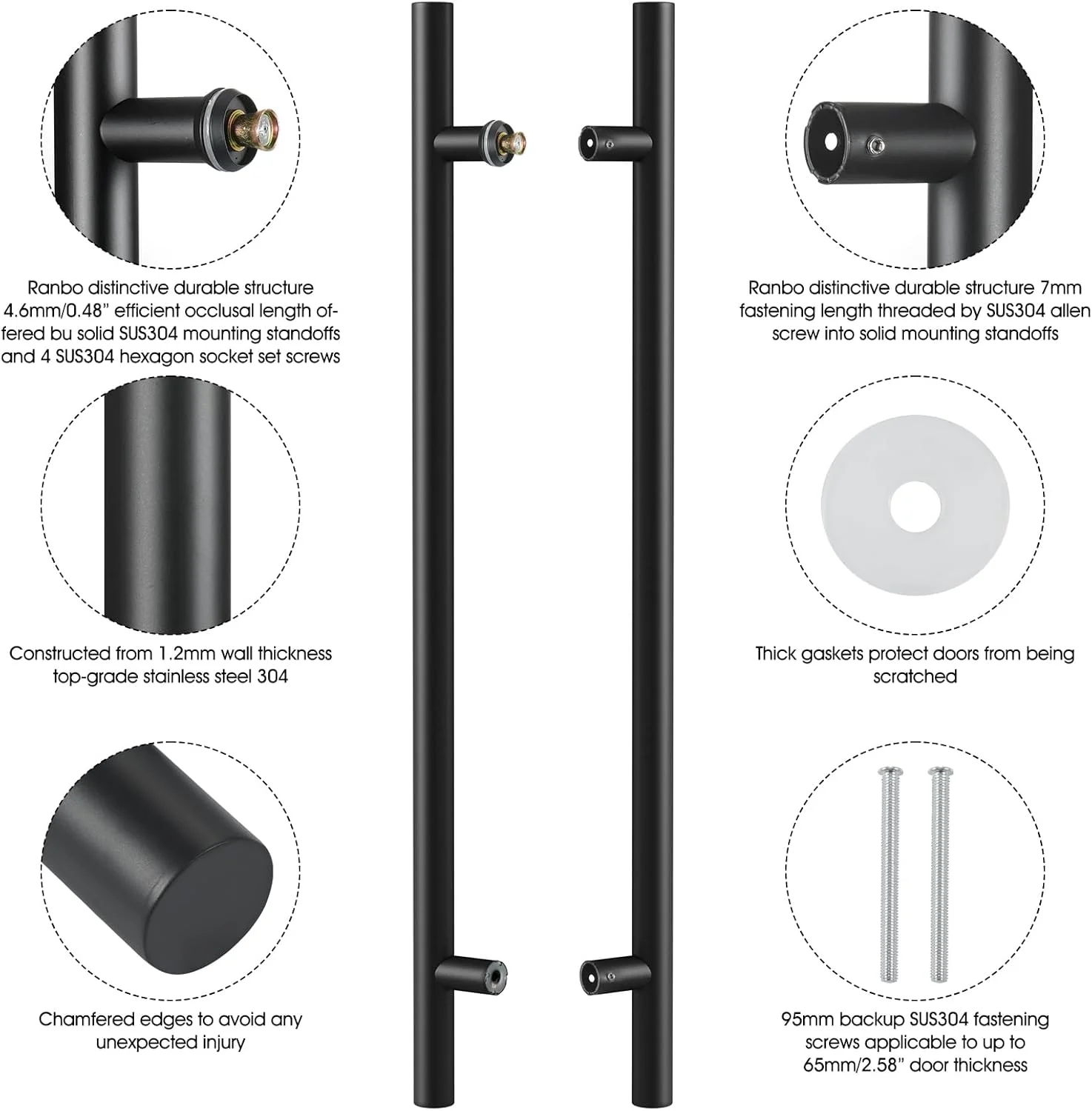 دستگیره درب کشویی استیل ضد زنگ 304 رانبو، پرداخت مشکی مات (60 سانتی متر)