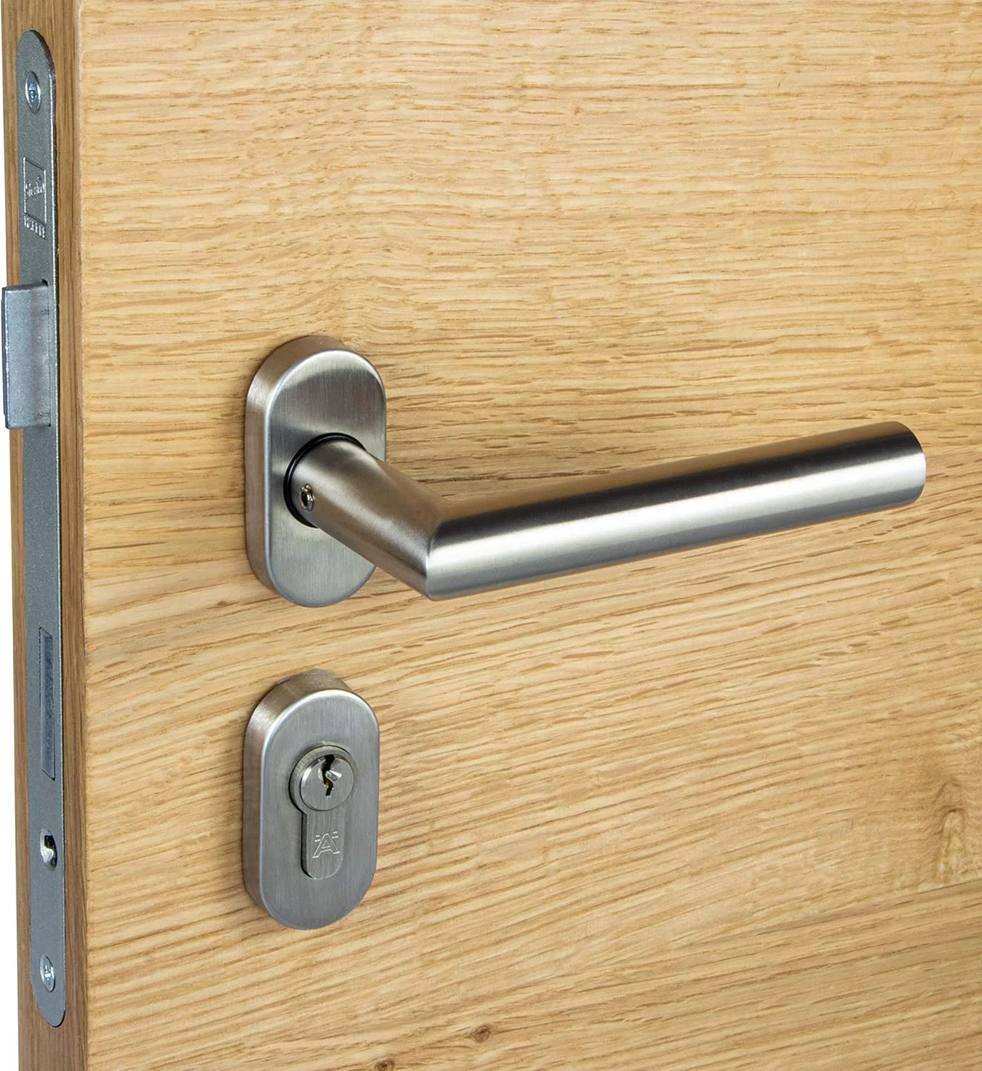 دستگیره درب اتاق گدتک مدل مونیخ، دستگیره استیل ضد زنگ، ست دستگیره اهرمی L شکل روی رزت بیضی، مناسب سیلندر پروفیل بیضی PZ، شامل لوازم نصب