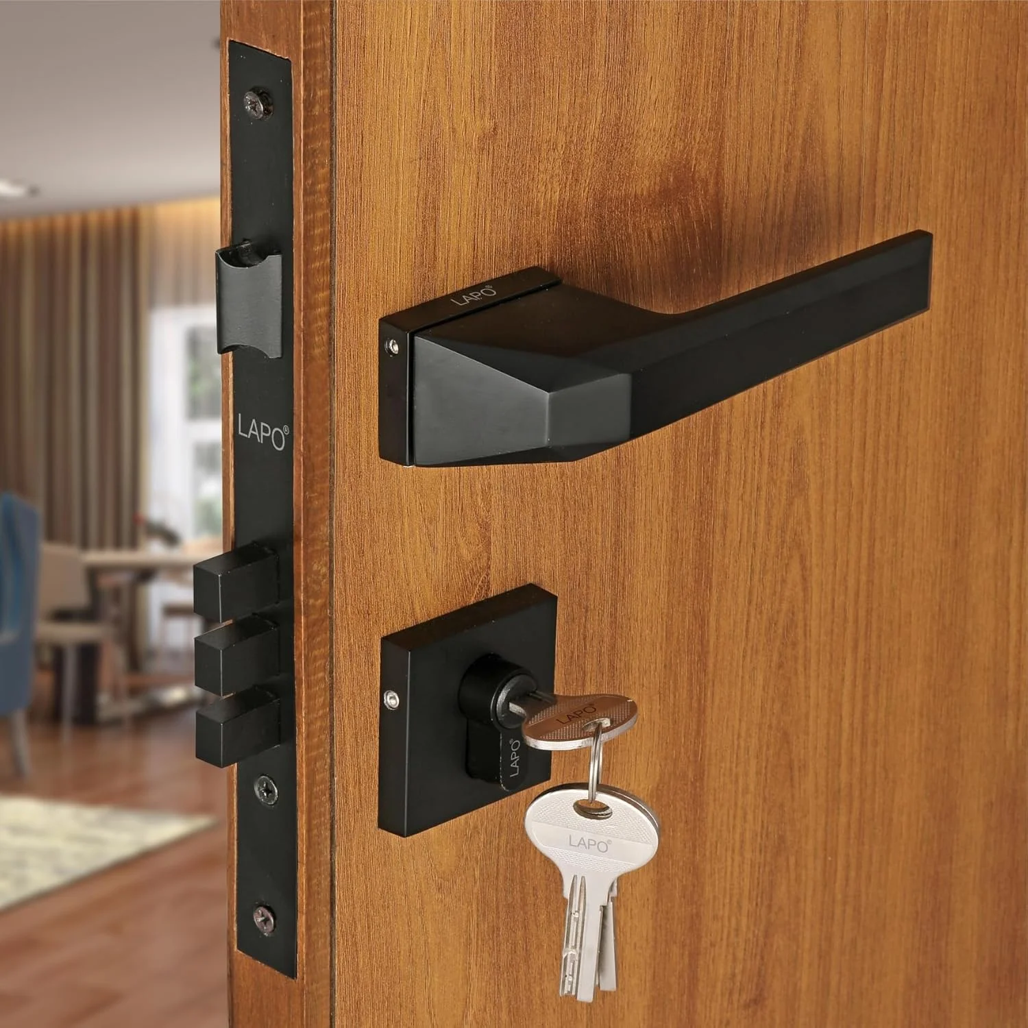 قفل های توکار درب LAPO Premium برای درب اصلی | درب اتاق خواب | دستگیره قفل درب با بدنه قفل برنجی به همراه 3 کلید | قفل درب اصلی برای خانه، دفتر، هتل | روکش مشکی | Ro-125