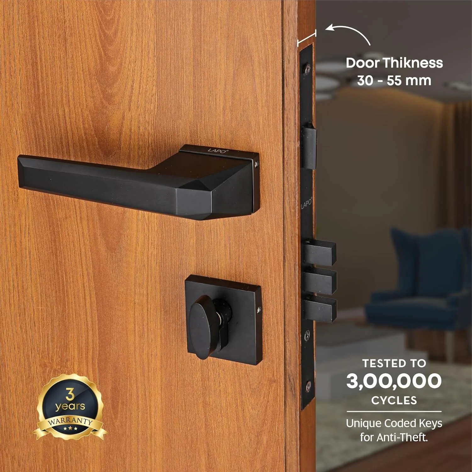 قفل های توکار درب LAPO Premium برای درب اصلی | درب اتاق خواب | دستگیره قفل درب با بدنه قفل برنجی به همراه 3 کلید | قفل درب اصلی برای خانه، دفتر، هتل | روکش مشکی | Ro-125