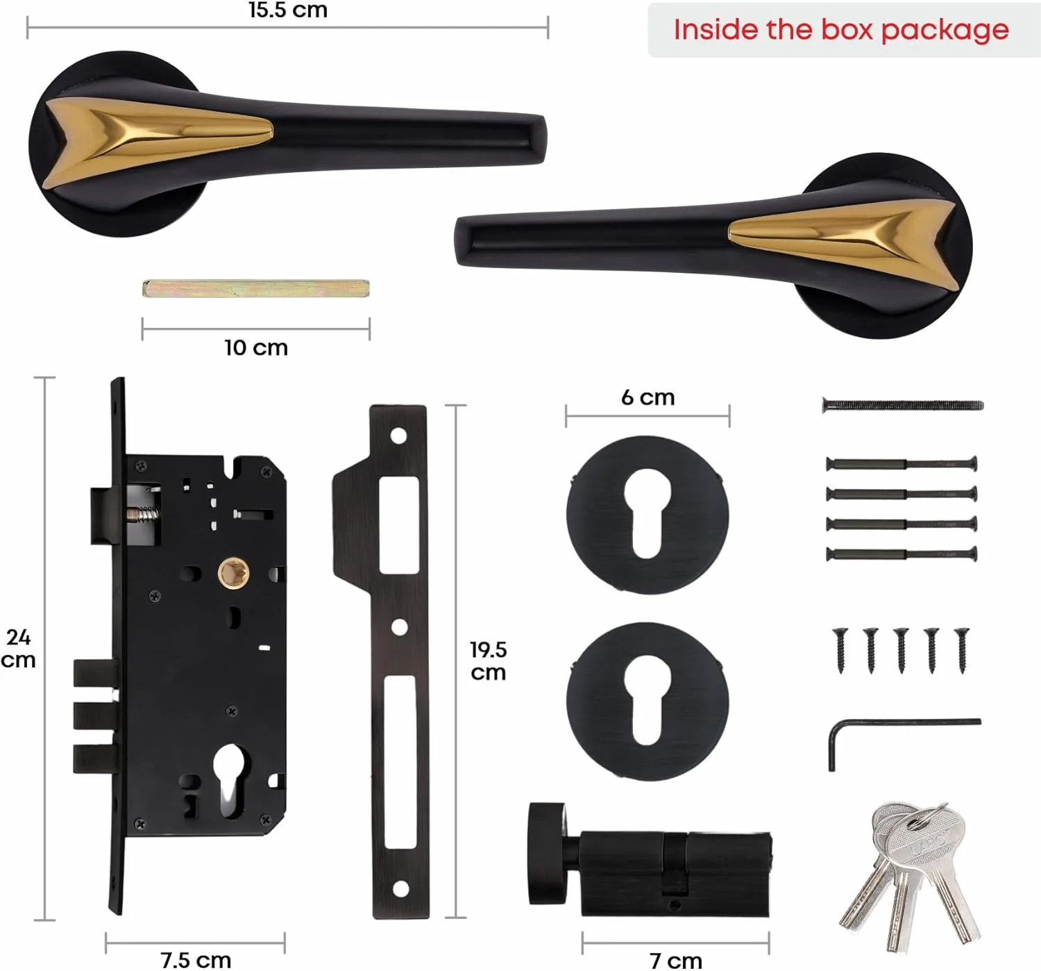 قفل درب سنگین LAPO برای درب اصلی، قفل درب برای اتاق خواب / ست قفل درب زبانه دار / دستگیره قفل درب با 3 کلید برنجی برای خانه، دفتر، هتل | پرداخت مشکی | 3 سال Ro-104