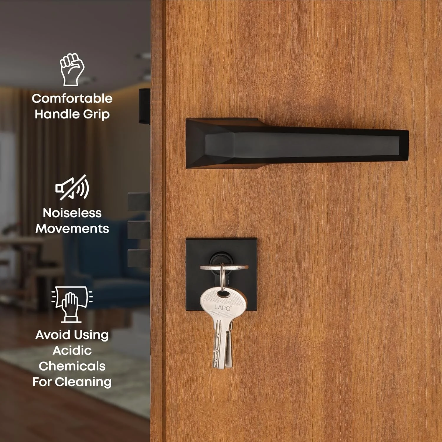 قفل های توکار درب LAPO Premium برای درب اصلی | درب اتاق خواب | دستگیره قفل درب با بدنه قفل برنجی به همراه 3 کلید | قفل درب اصلی برای خانه، دفتر، هتل | روکش مشکی | Ro-125