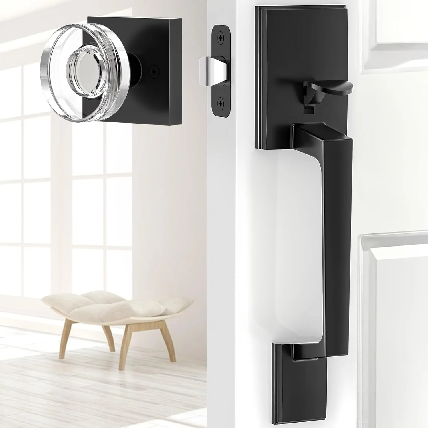 دستگیره درب ورودی بدون قفل، دستگیره با دستگیره شیشه ای، مشکی مات، قفل شب بند شامل نمی شود