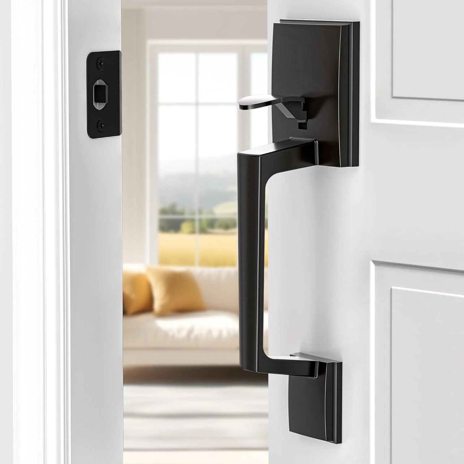 دستگیره درب ورودی بدون قفل، دستگیره با دستگیره شیشه ای، مشکی مات، قفل شب بند شامل نمی شود