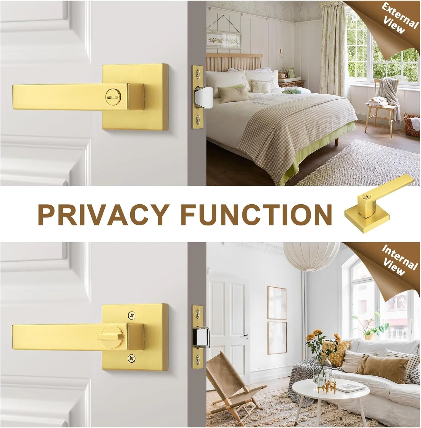 پروبریكو، دستگیره درب های داخلی طلایی، مربعی، بدون کلید، مناسب برای اتاق انبار و سرویس بهداشتی، 6 عددی