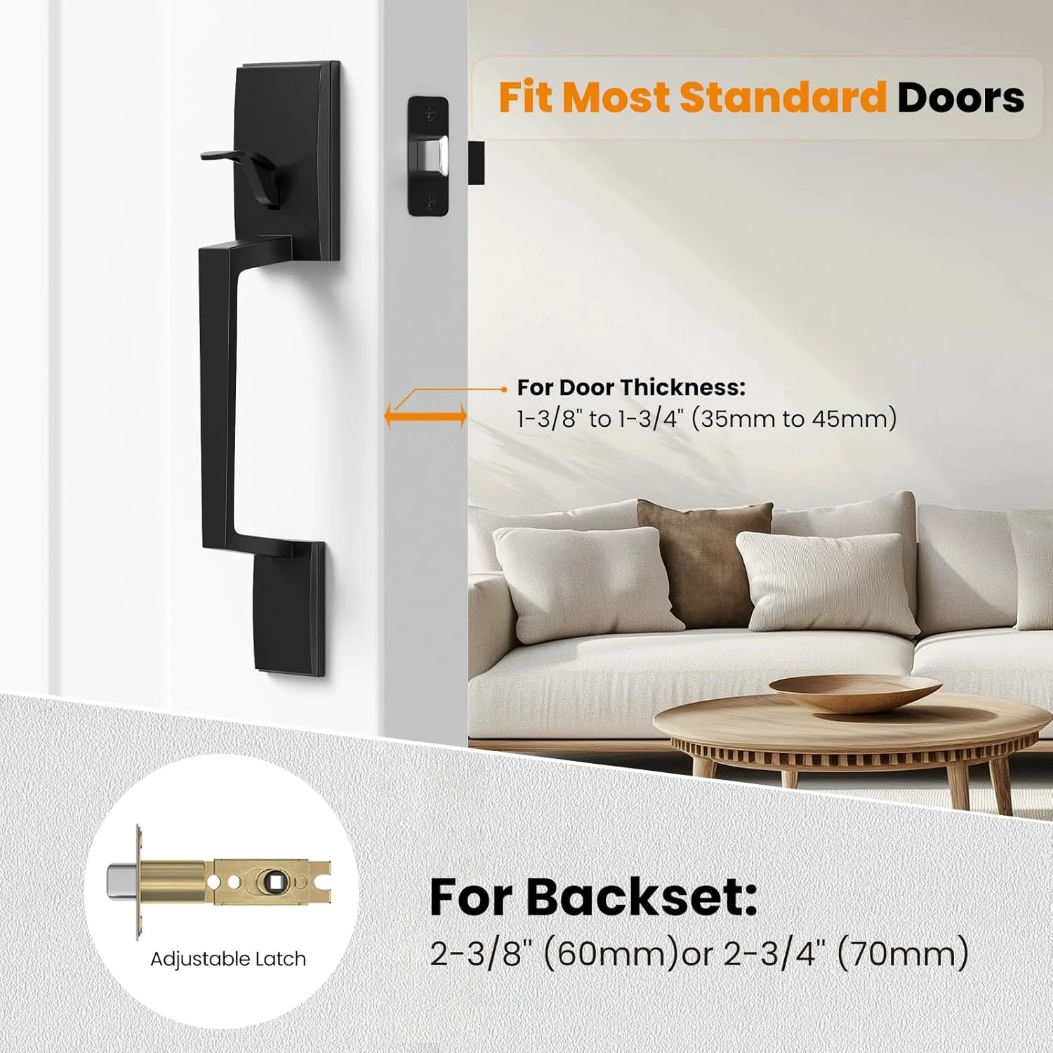 دستگیره درب ورودی مشکی مات HOSOM، ست دستگیره درب بیرونی بدون قفل با اهرم برگشت پذیر، دستگیره درب ورودی برای درب های راست و چپ بازشو
