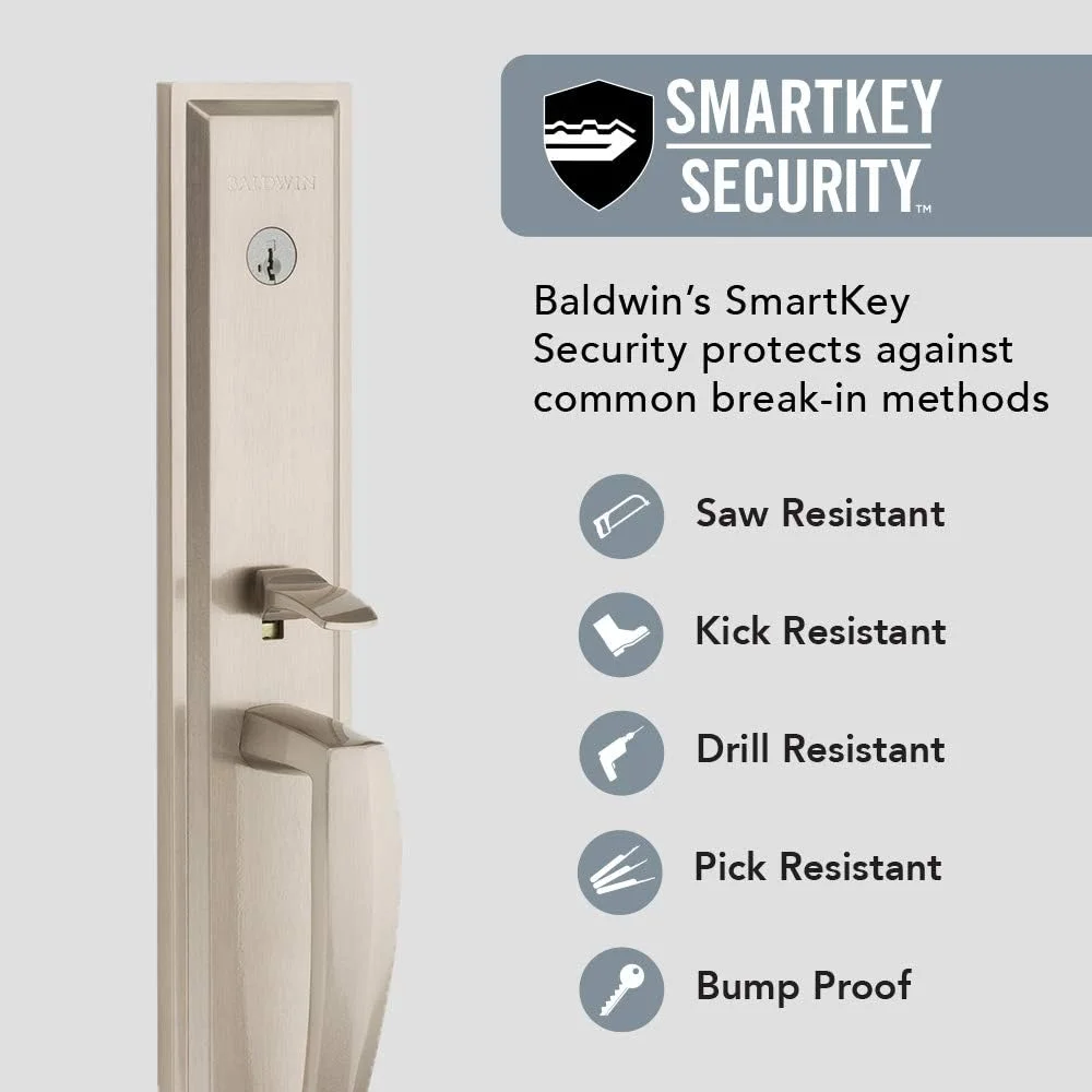 دستگیره درب ورودی تک سیلندر Baldwin Torrey Pines با امنیت SmartKey، سری Prestige با دستگیره مدرن و باریک و اهرم مربعی، رنگ نیکل ساتن