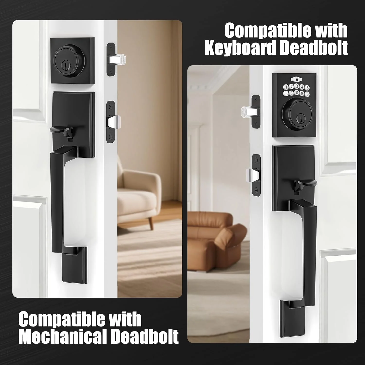 دستگیره درب ورودی بدون قفل، دستگیره با دستگیره شیشه ای، مشکی مات، قفل شب بند شامل نمی شود