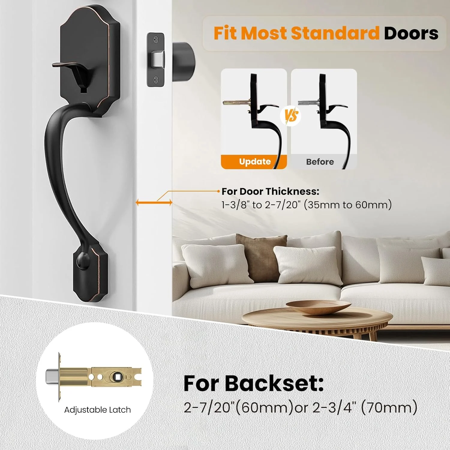ست دستگیره درب ورودی HOSOM، دستگیره بیرونی درب با دستگیره گرد، ست دستگیره درب ورودی بدون قفل برای درهای راست و چپ بازشو، برنز روغنی سابیده شده