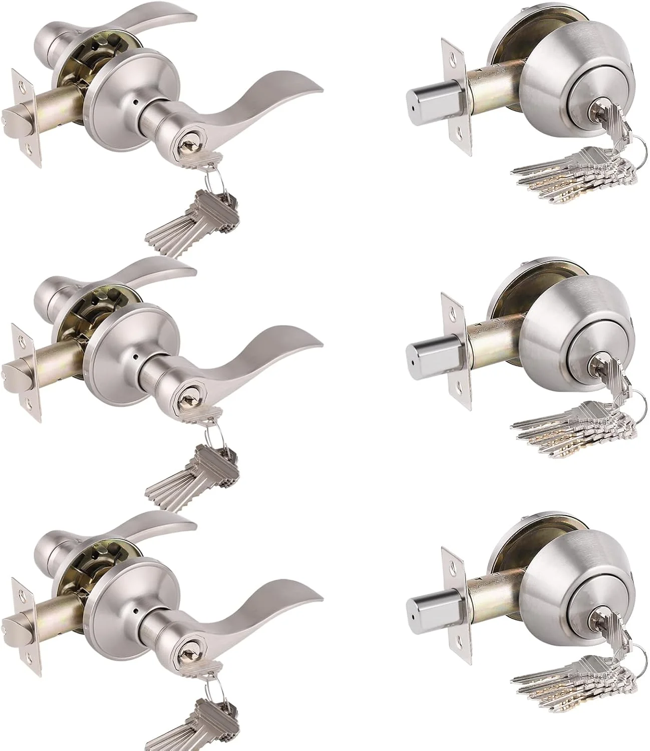 دستگیره درب ورودی نیکل ساتن Gobrico، دستگیره جهانی، اهرم موجی، بسته 3 عددی نیکل GB12061-101SN-3Pack