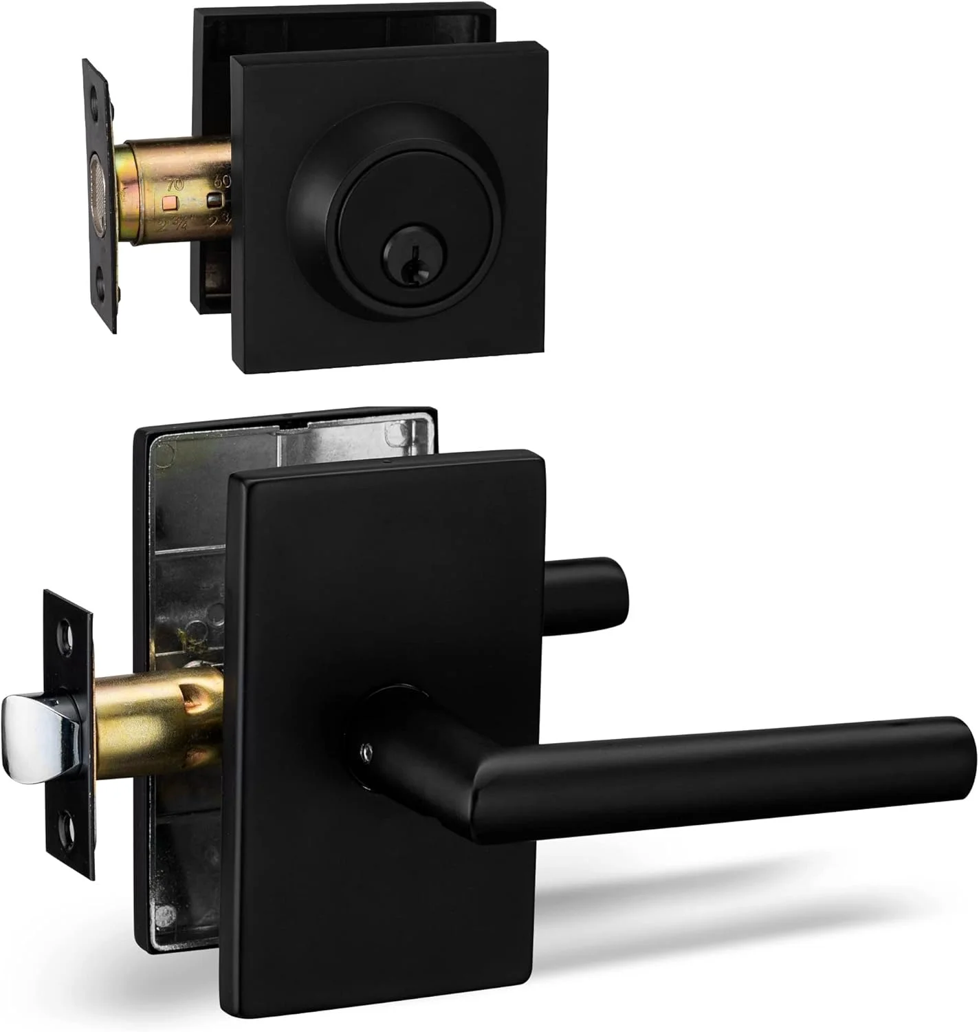 دستگیره اهرمی برلین مدیش پاساژ و قفل کلیدی تک سیلندر، ست دستگیره اهرمی سری دیزاینر [درب ورودی یا دفتر کار] ست دستگیره سنگین - روکش مشکی آهنی