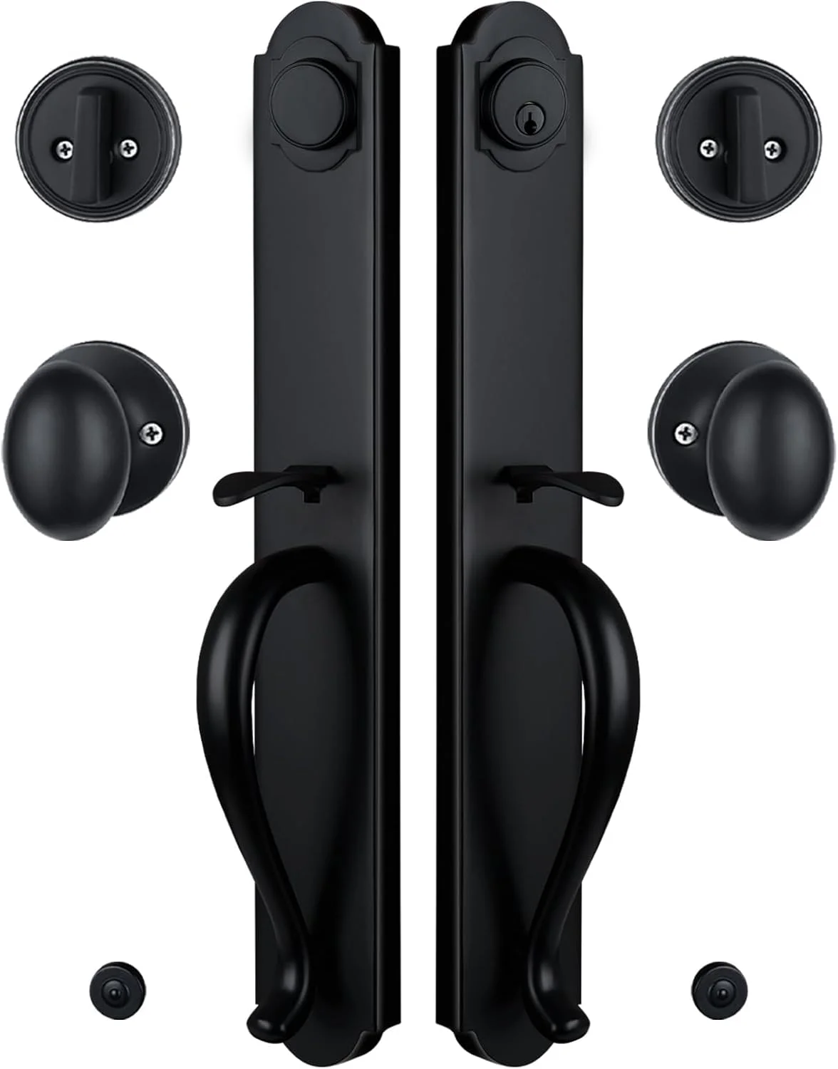 دستگیره دوتایی درب ورودی مشکی مات با تریم کملوت، قفل درب بیرونی سنگین با کلید و دستگیره اهرمی، راست و چپ بازشو، X-2018DB-SET