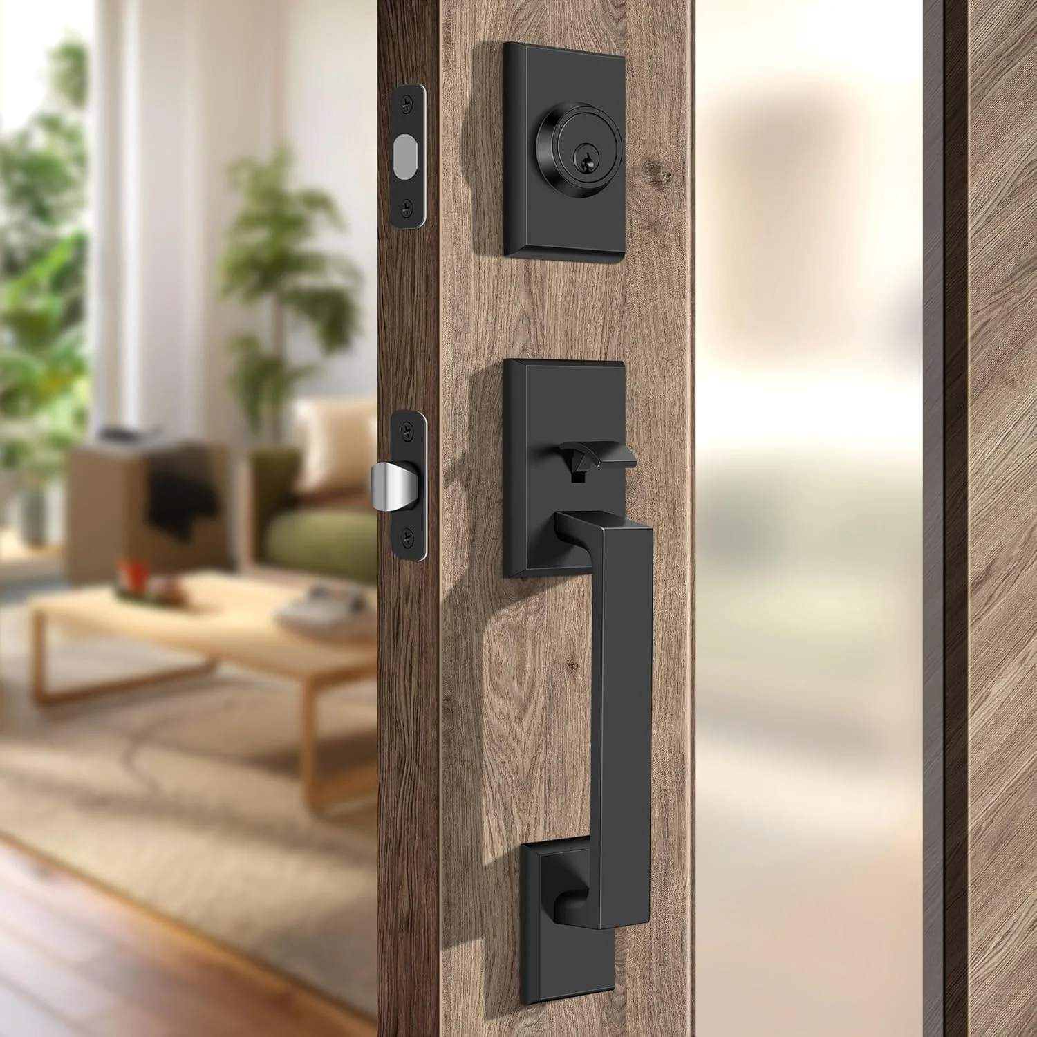 دستگیره درب ورودی مربعی Moquin، دستگیره درب ورودی سنگین با کلید، قفل درب بیرونی با قفل سیلندر تکی، قفل درب مشکی مات برگشت پذیر برای درب راست و چپ