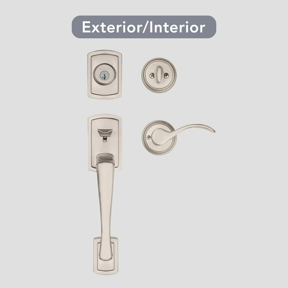 دستگیره درب ورودی تک سیلندر Baldwin Nautica با قفل SmartKey، روکش نیکل ساتن، سری Prestige با سخت افزار درب سنتی و اهرم Tobin