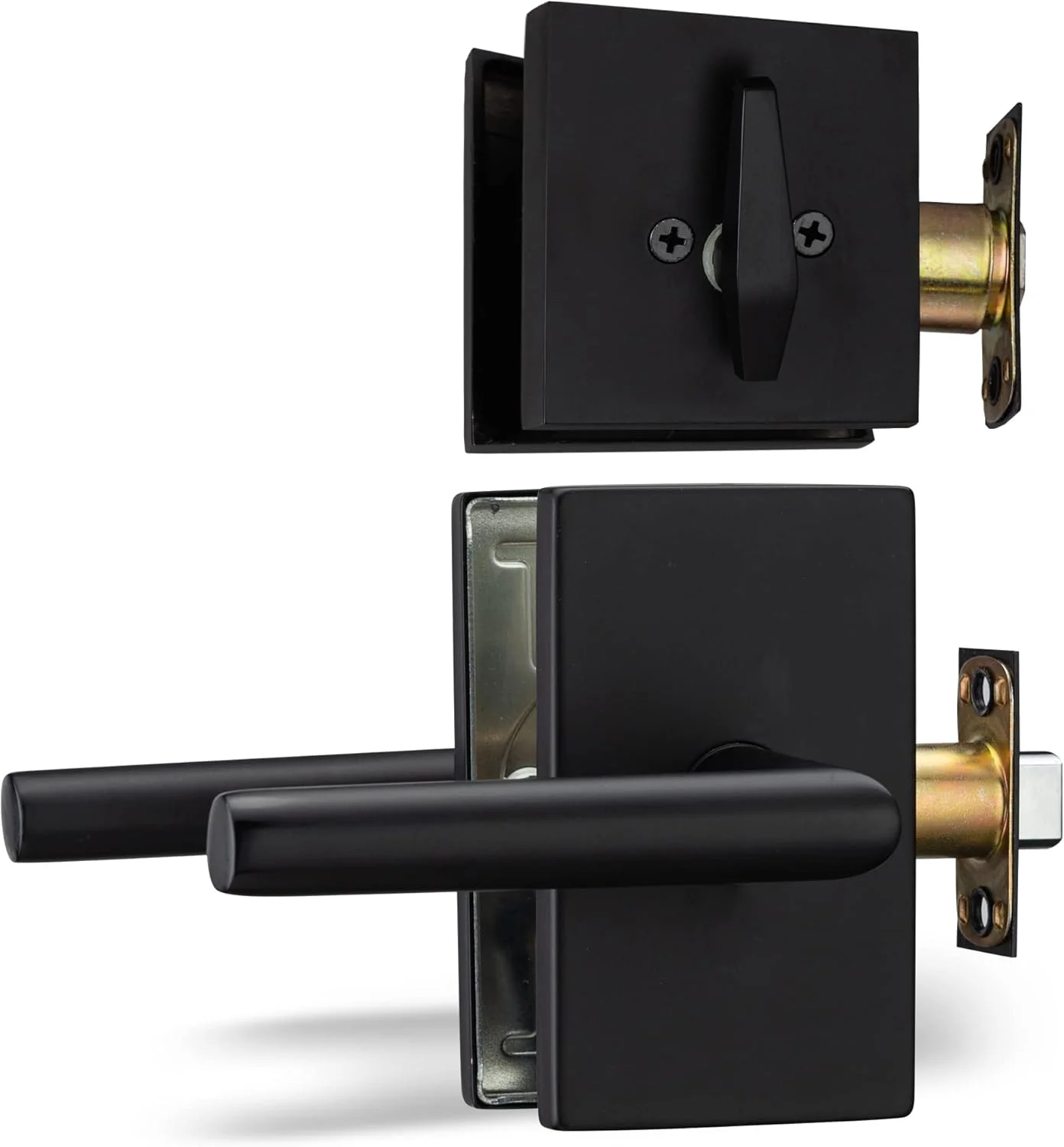 دستگیره اهرمی برلین مدیش پاساژ و قفل کلیدی تک سیلندر، ست دستگیره اهرمی سری دیزاینر [درب ورودی یا دفتر کار] ست دستگیره سنگین - روکش مشکی آهنی