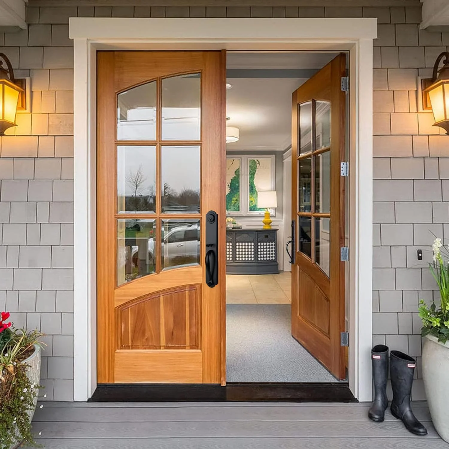 دستگیره دوتایی درب ورودی مشکی مات با تریم کملوت، قفل درب بیرونی سنگین با کلید و دستگیره اهرمی، راست و چپ بازشو، X-2018DB-SET