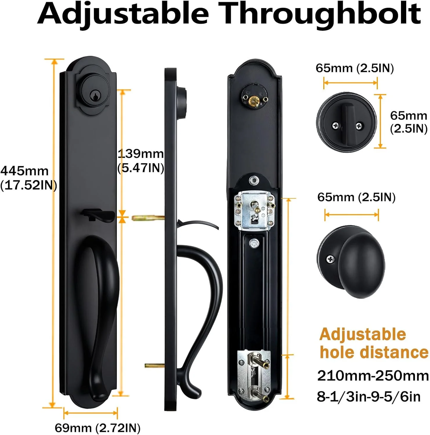 دستگیره دوتایی درب ورودی مشکی مات با تریم کملوت، قفل درب بیرونی سنگین با کلید و دستگیره اهرمی، راست و چپ بازشو، X-2018DB-SET