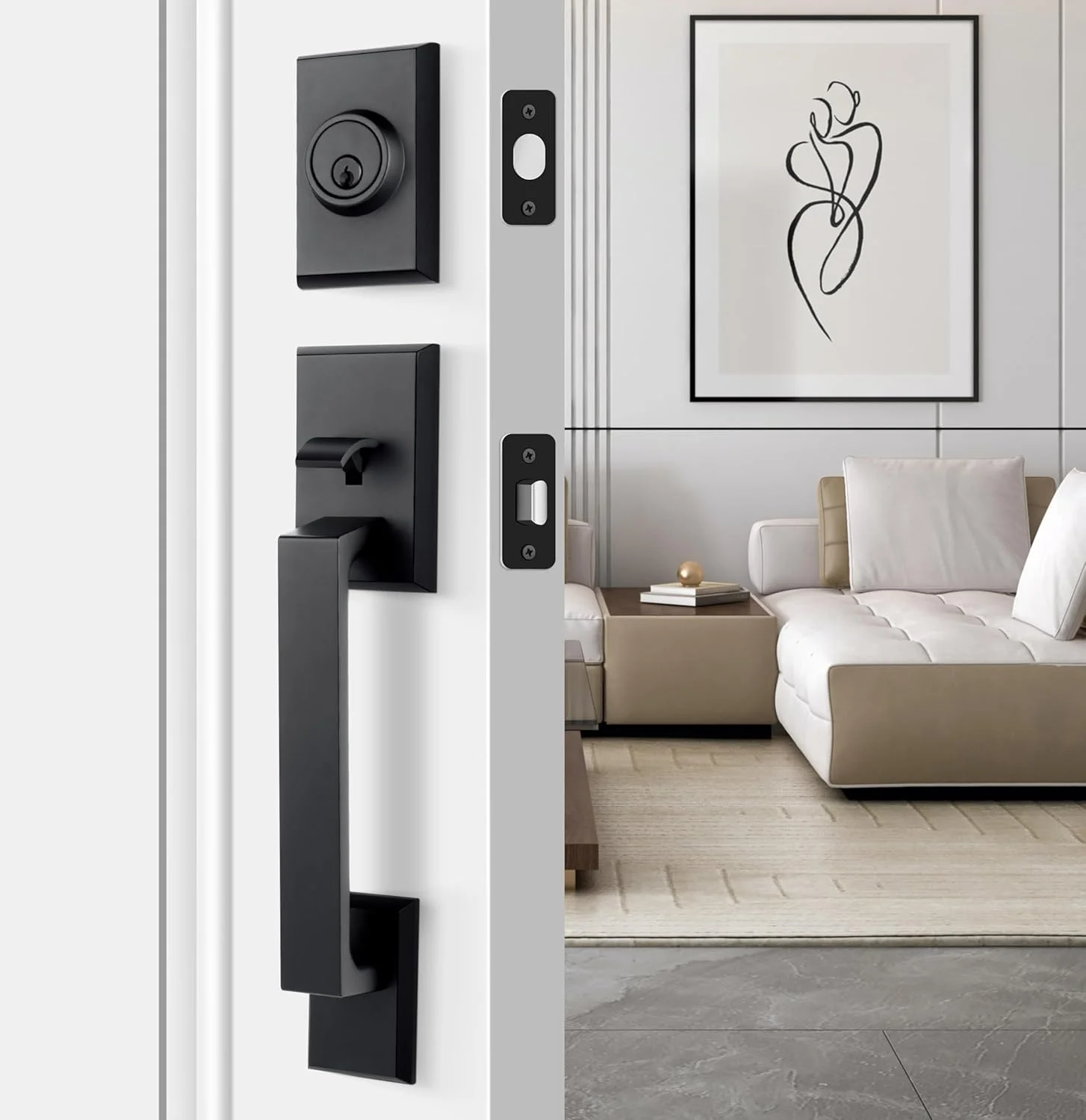 دستگیره درب ورودی LOQRON، دستگیره درب سنگین و قفل زبانه دار، دستگیره مربعی با زبانه تک سیلندر برای درب های راست و چپ بازشو، مشکی مات