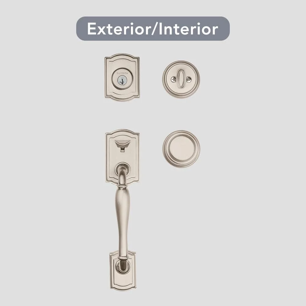 دستگیره ورودی یک سیلندر بالدوین Wesley با قفل SmartKey، روکش نیکل ساتن، سری Prestige با سخت افزار سنتی درب و دستگیره Alcott