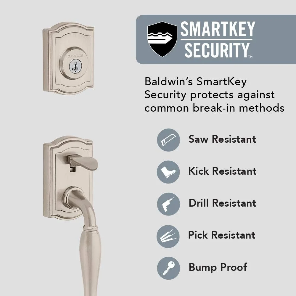 دستگیره ورودی یک سیلندر بالدوین Wesley با قفل SmartKey، روکش نیکل ساتن، سری Prestige با سخت افزار سنتی درب و دستگیره Alcott