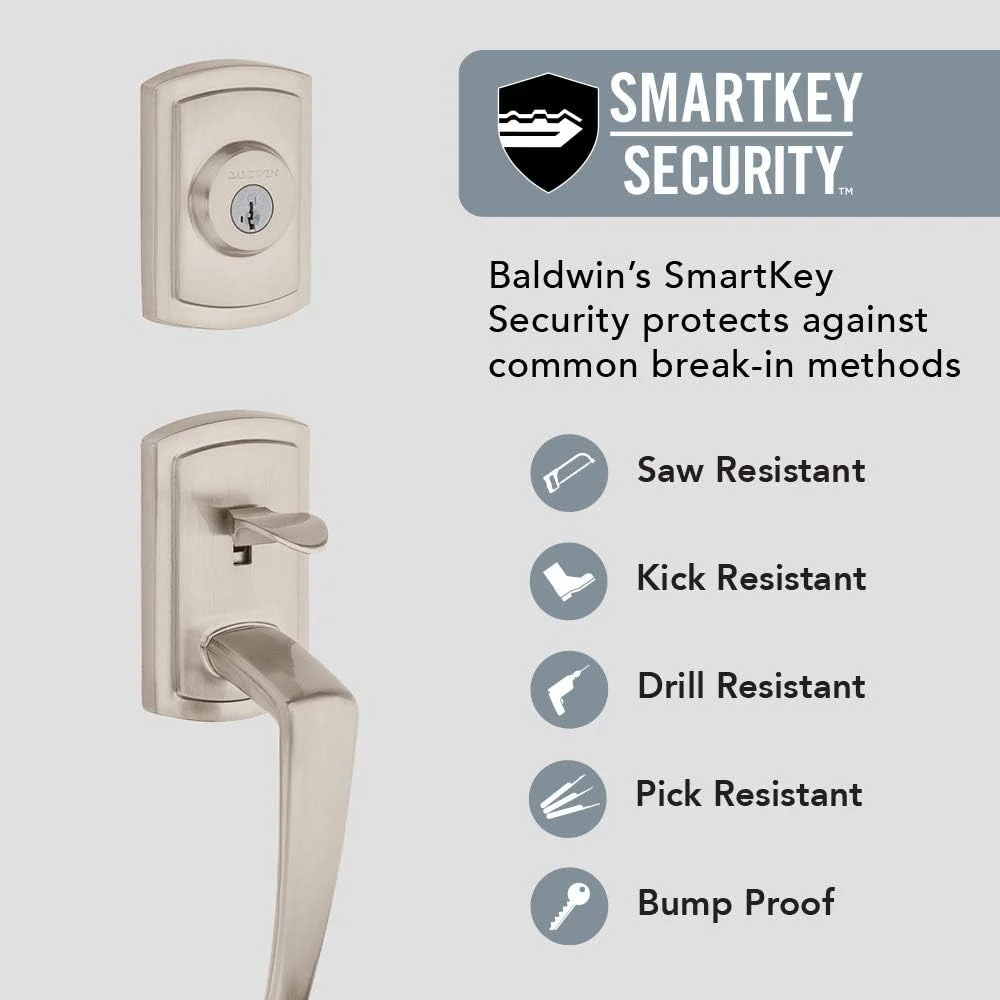 دستگیره درب ورودی تک سیلندر Baldwin Nautica با قفل SmartKey، روکش نیکل ساتن، سری Prestige با سخت افزار درب سنتی و اهرم Tobin