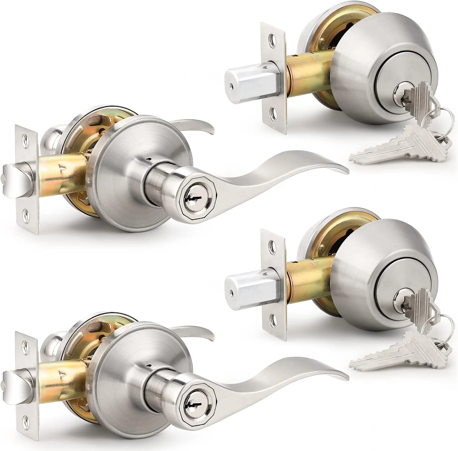 دستگیره درب ورودی مدل موجی پروبریکو با قفل ددبولت، سیلندر دوبل، ست 2 عددی نقره ای DL12061ET-102SN-Combo-2Pack